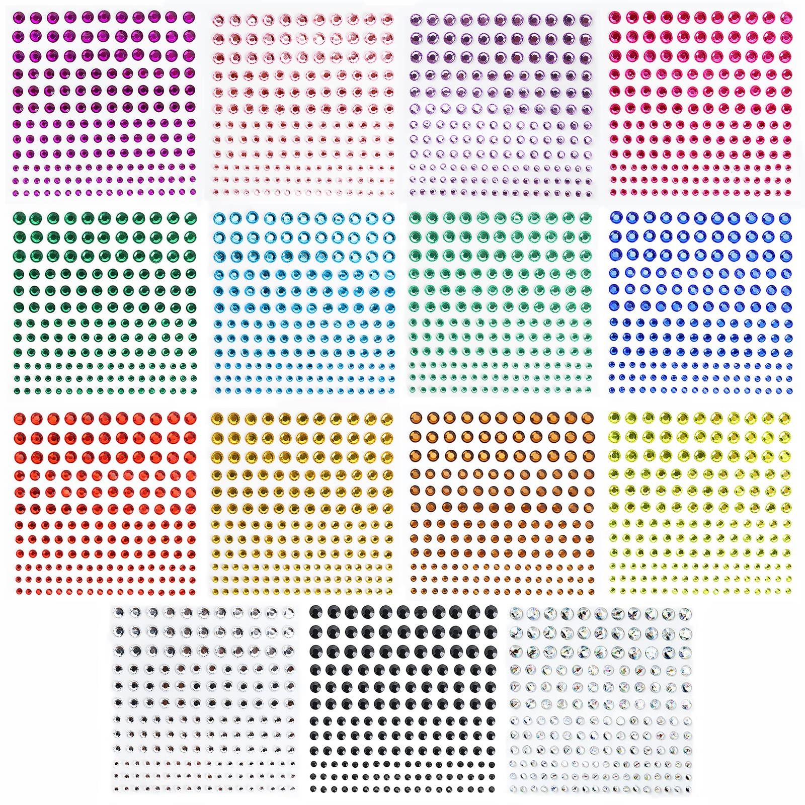 Rhinestone Stickers 2478Pcs Self Adhesive Facial Gem Stickers,4 Sizes 15 Colo…