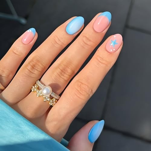 Summer Press on Nails – Short Almond Fake Nails – French Tip – Blue Ocean – 2