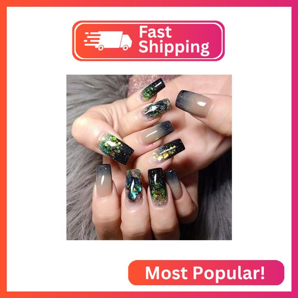 Square Press on Nails Medium Fake Nails with Glitter Green Stripes Designs Black