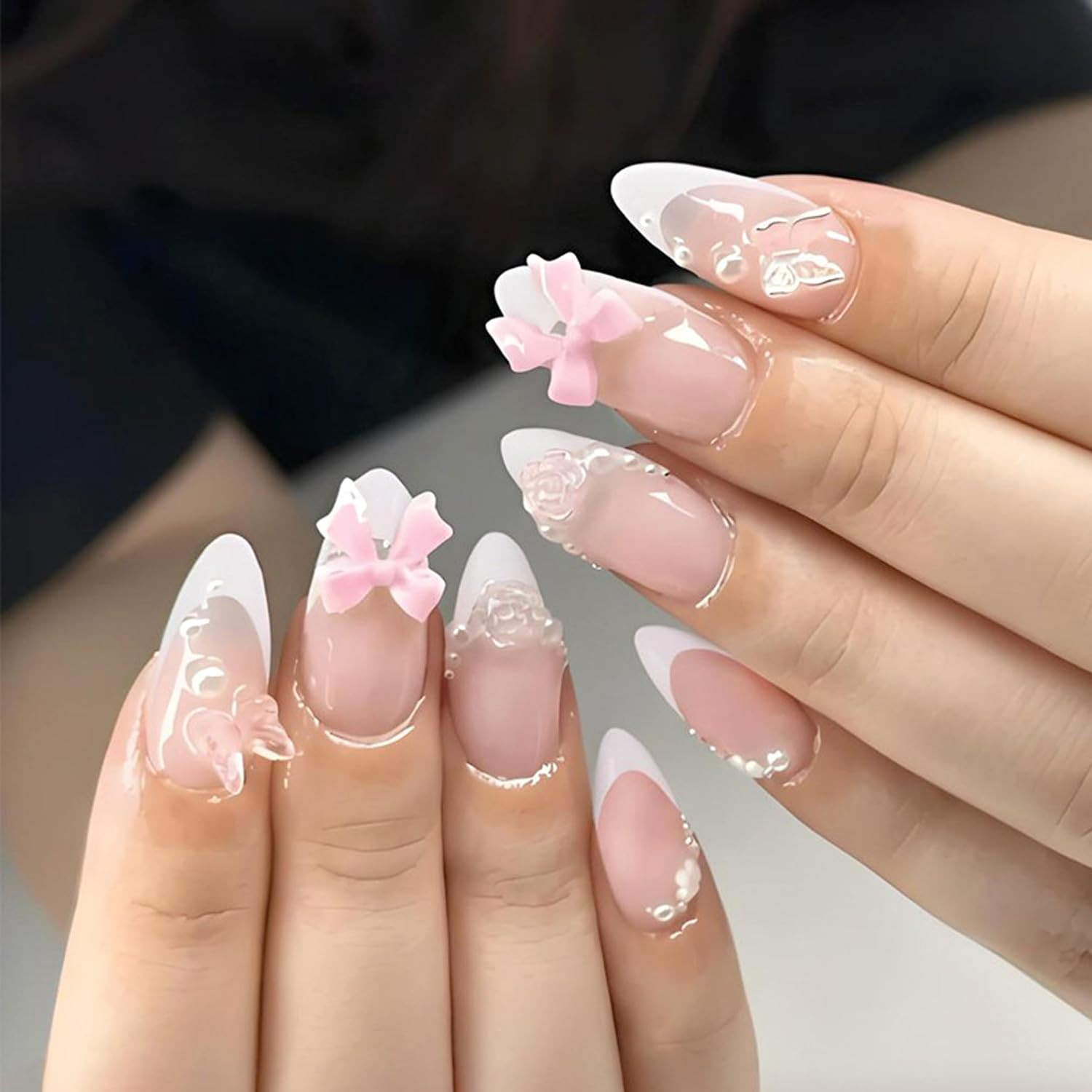 24Pcs Nude Pink Press on Nails Solid Color Short round Fake Nails 3D Love Bow Ch