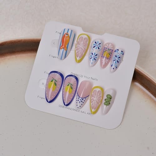 24Pcs Cute Summer Press on Nails Medium Almond Fake Nails 3D Goldfish Lemon-35