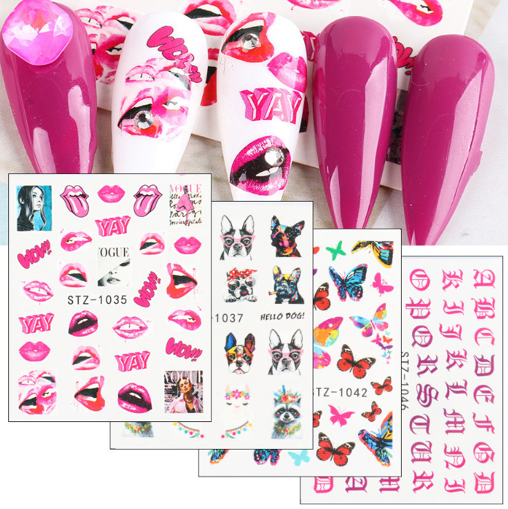 16 Sheets Nail Art Stickers Lips Roman English Dog Animal Dinosaur SeaWorld NS10