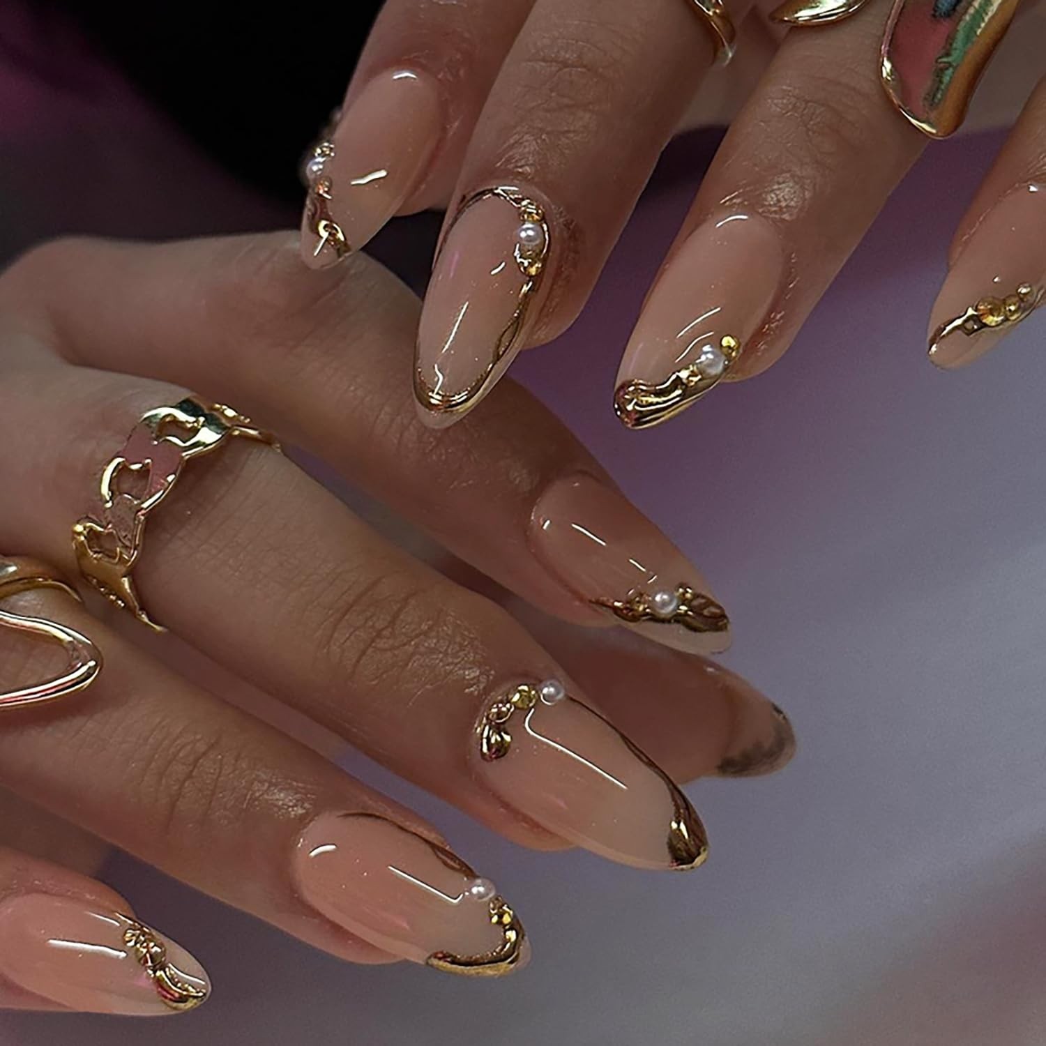 24 Pcs Gold French Tip Press on Nails 0.13 Fl Oz (Pack of 24), Multicolour