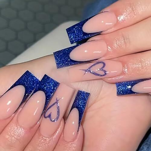 French Tip Press on Nails Blue Square Ballet Medium Long Fake Nails Glue on