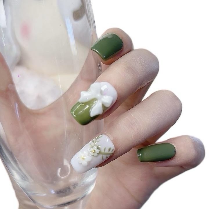 Press on Nails Square Shape Green Color with 3D Bowknot Design 112
