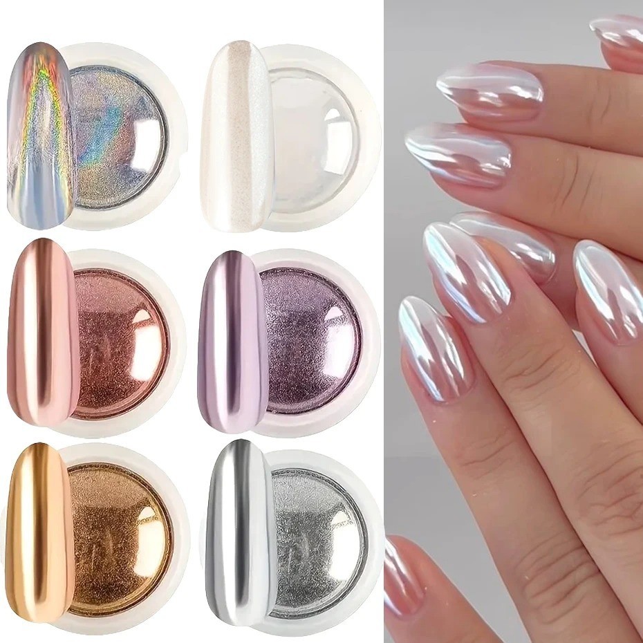 6PCS Chrome Nail Powder Mirror Holographic Aurora Iridescent Metallic Pigment