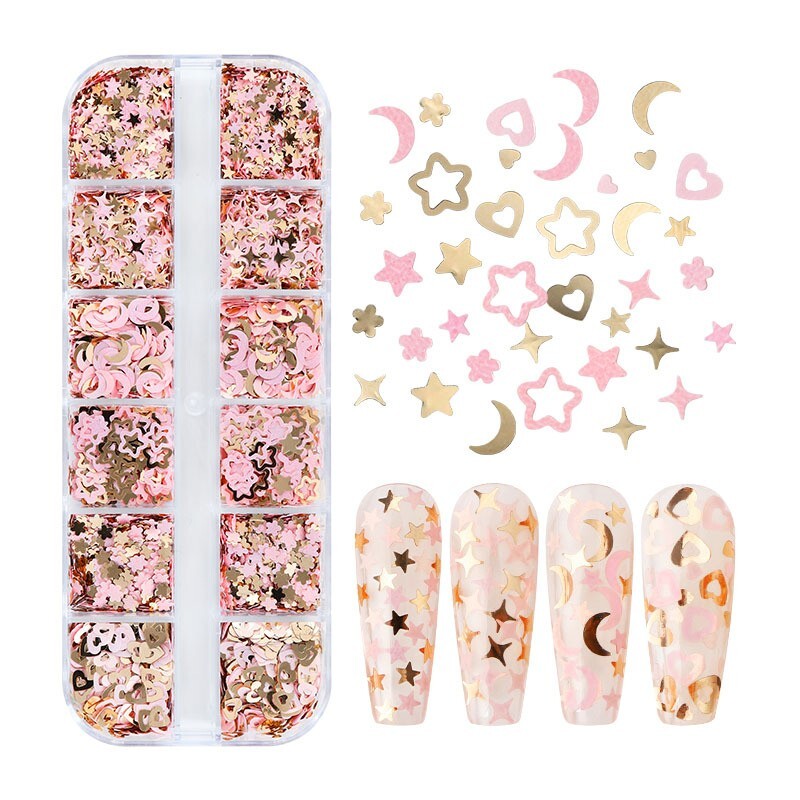 Pink & Gold Moon Star Love Mixed Shape Nail Art Glitter Sequins for Flakes Nails
