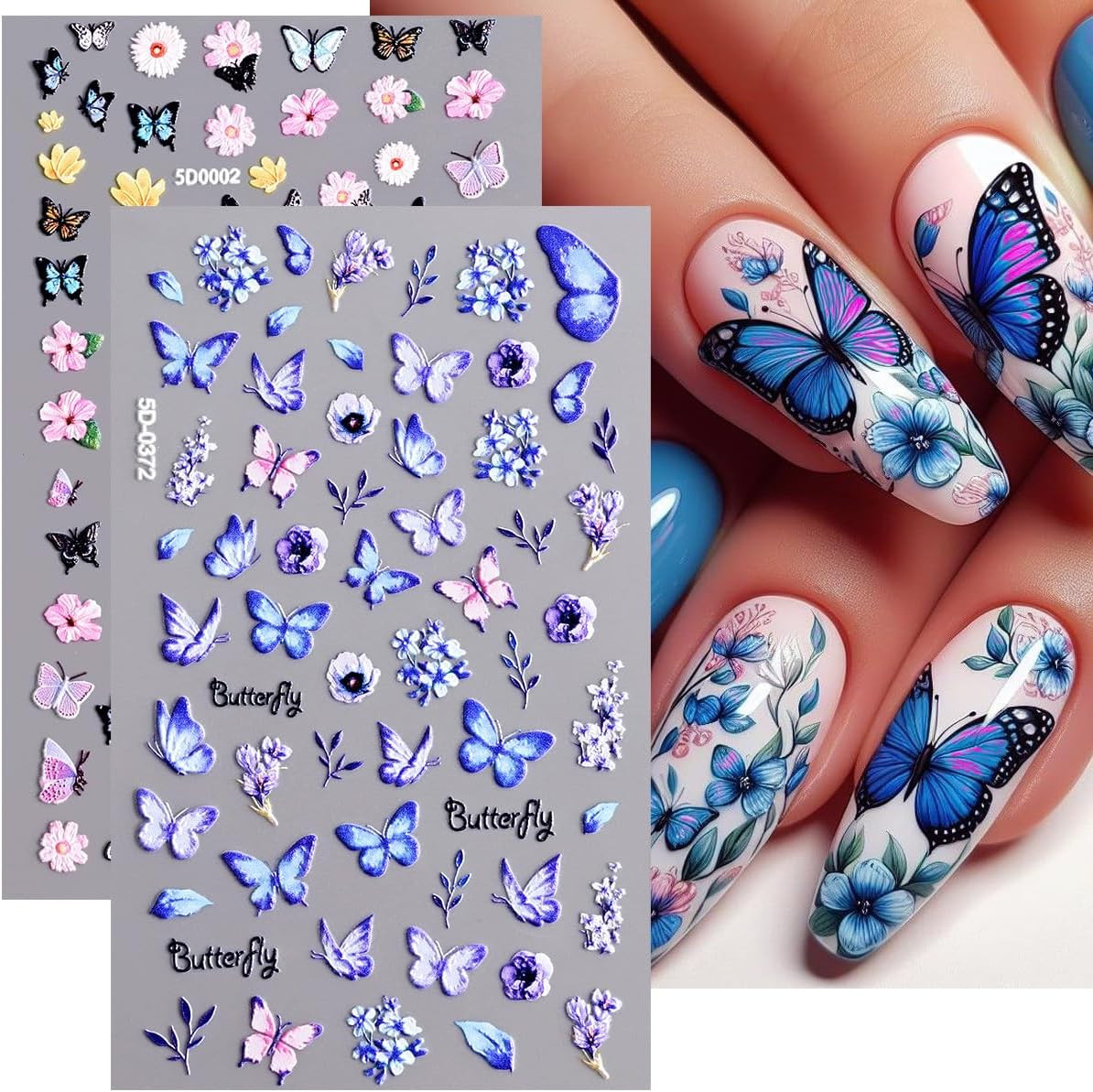 8 Sheets Summer Flower Nail Art Stickers Self-Adhesive Floral Nail Decals with R