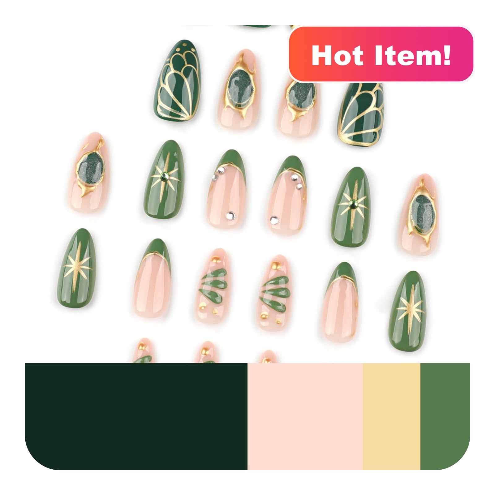 HPYFOI Short Almond Green Gold Press On Nails