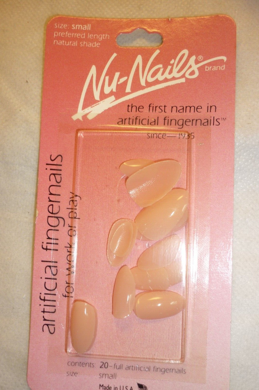NU NAILS ARTIFICIAL FINGERNAILS GLUE-ON 20 PC. PACK USA NOS SIZE SMALL 1992 VTG.