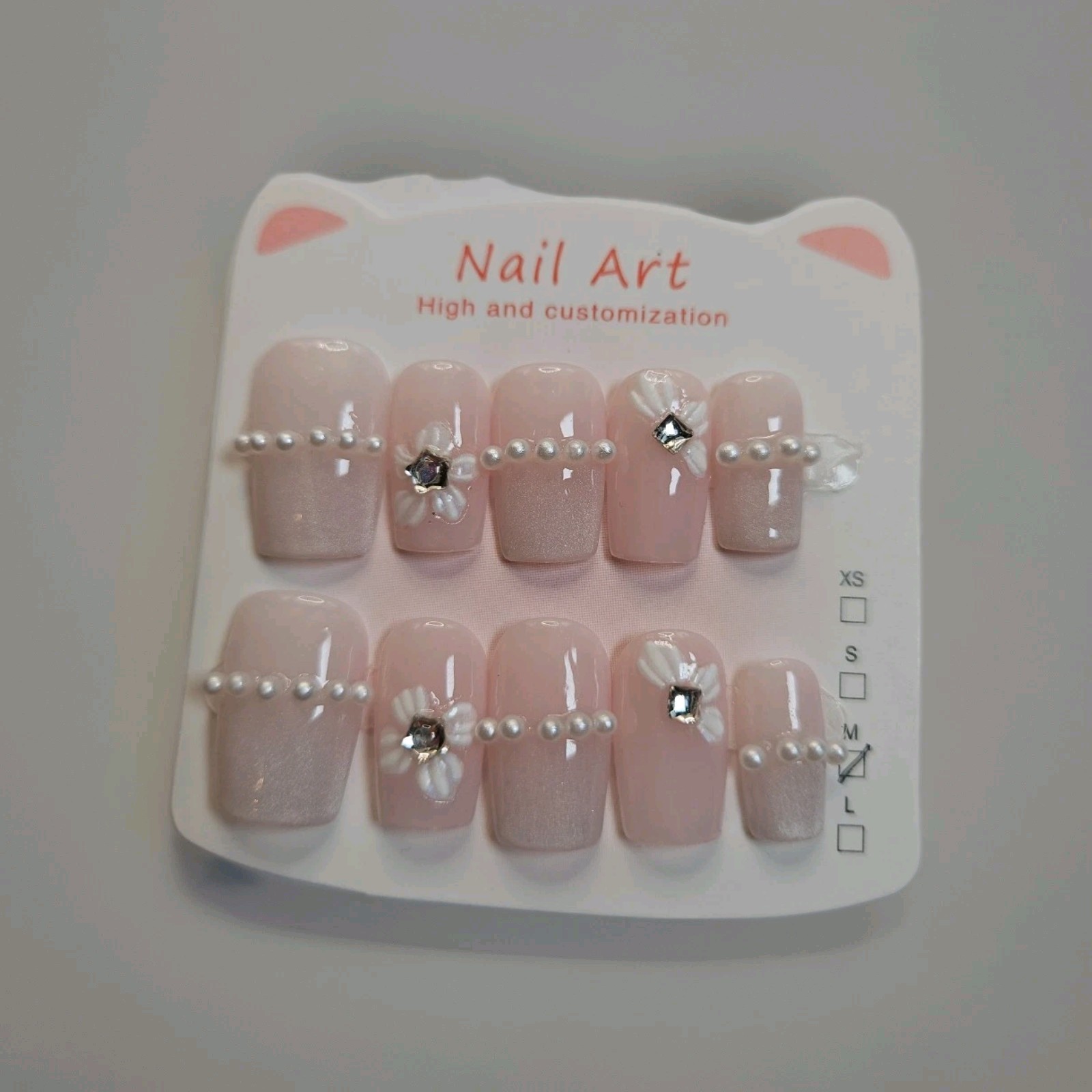 Handmade 10 Long Coffin Press-On Large Pale Pink Pearls & Gems On Nails