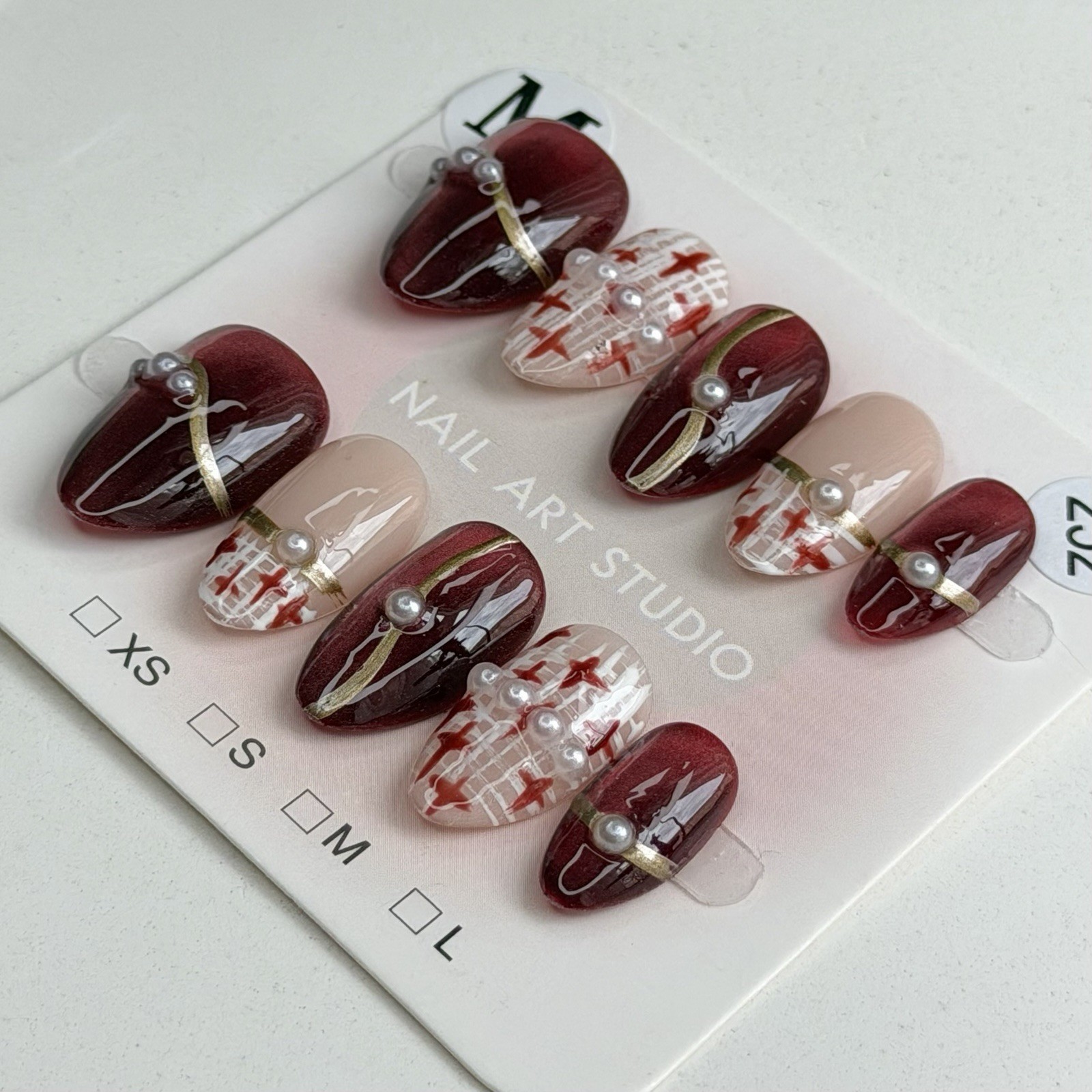 Handmade Red Brown Press-On Nails With Pearls Glossy Short Almond SizeM Reusable