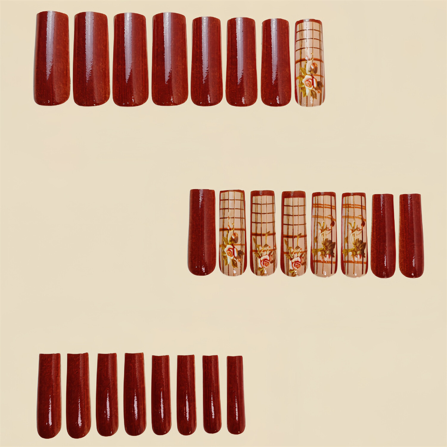 Long Square Press-On Fake Nail Valentine’s Day Rose Brown Plaid Manicure 24pcs