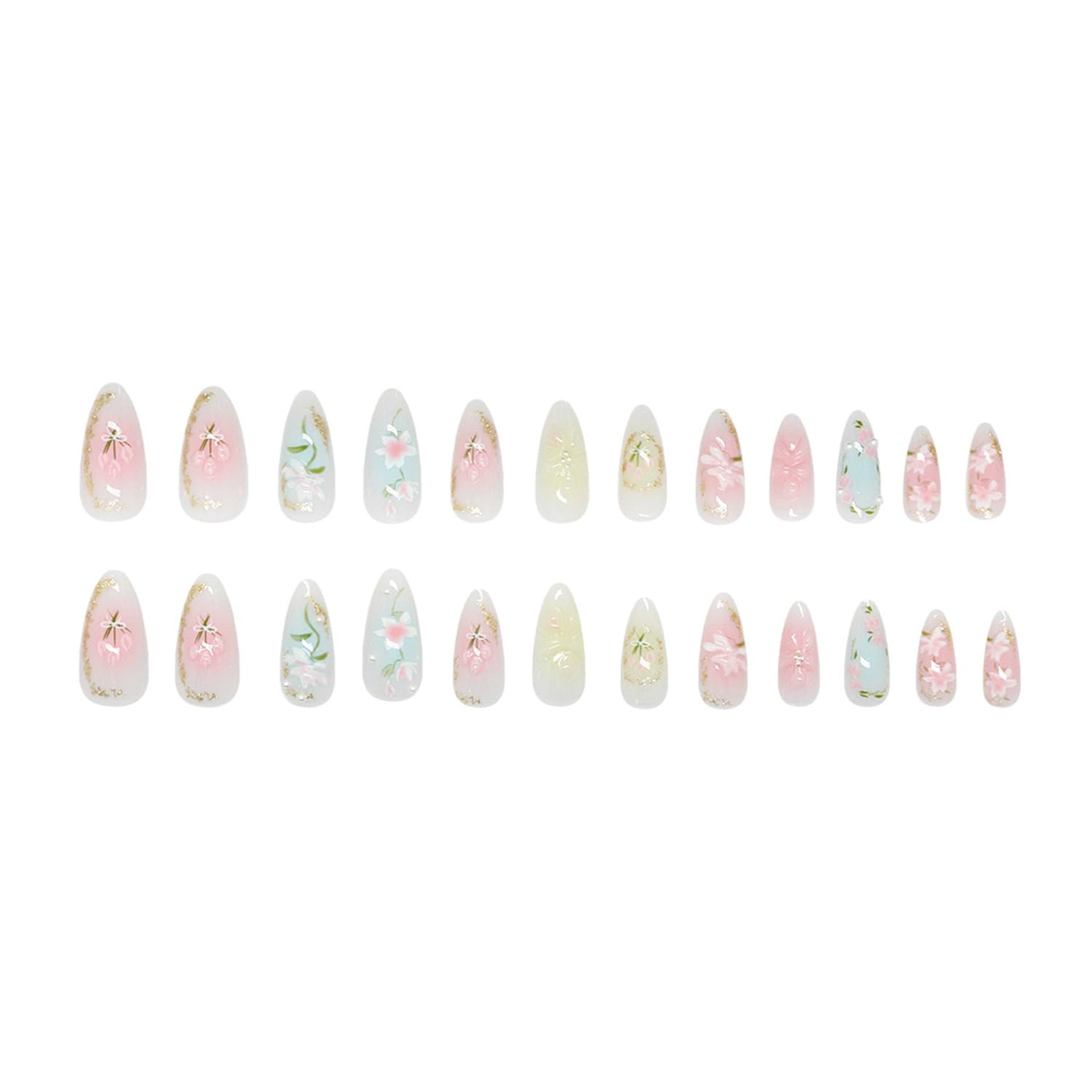 Cute Flower Press on Nails Medium Almond Fake Nails Pink Floral False Nails 3D P