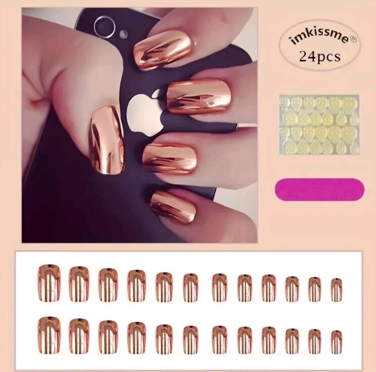 24 Press-On Medium-Length Electroplated Gold-Red Nails Fingernails Reusable