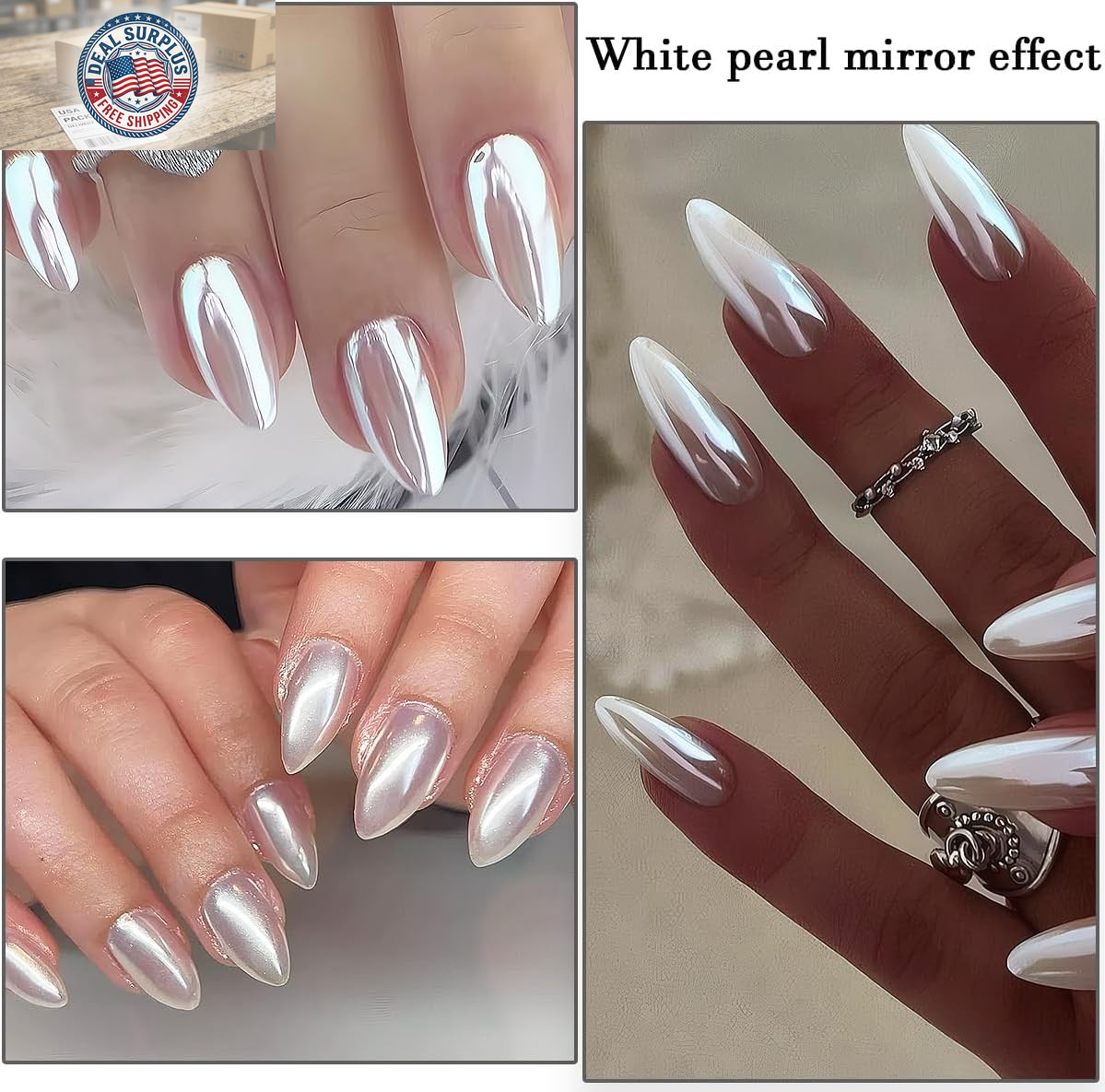 3Pcs Moonlight White Pearl Chrome Nail Powder, Super Glossy Clear Mirror Effect