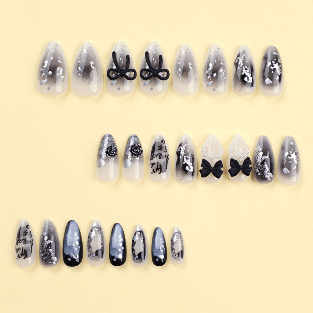 Nail Stickers Almond Shape Black 3D Bow with Pearl Heart Star Gradient Glitter