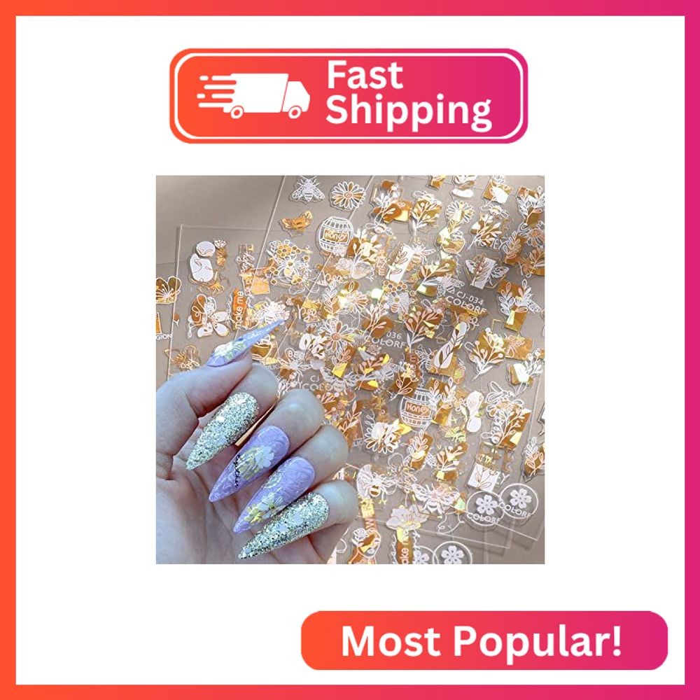 Flowers Nail Art Stickers, Holographic 3D Gold Nail Self-Adhesive Sticker Design