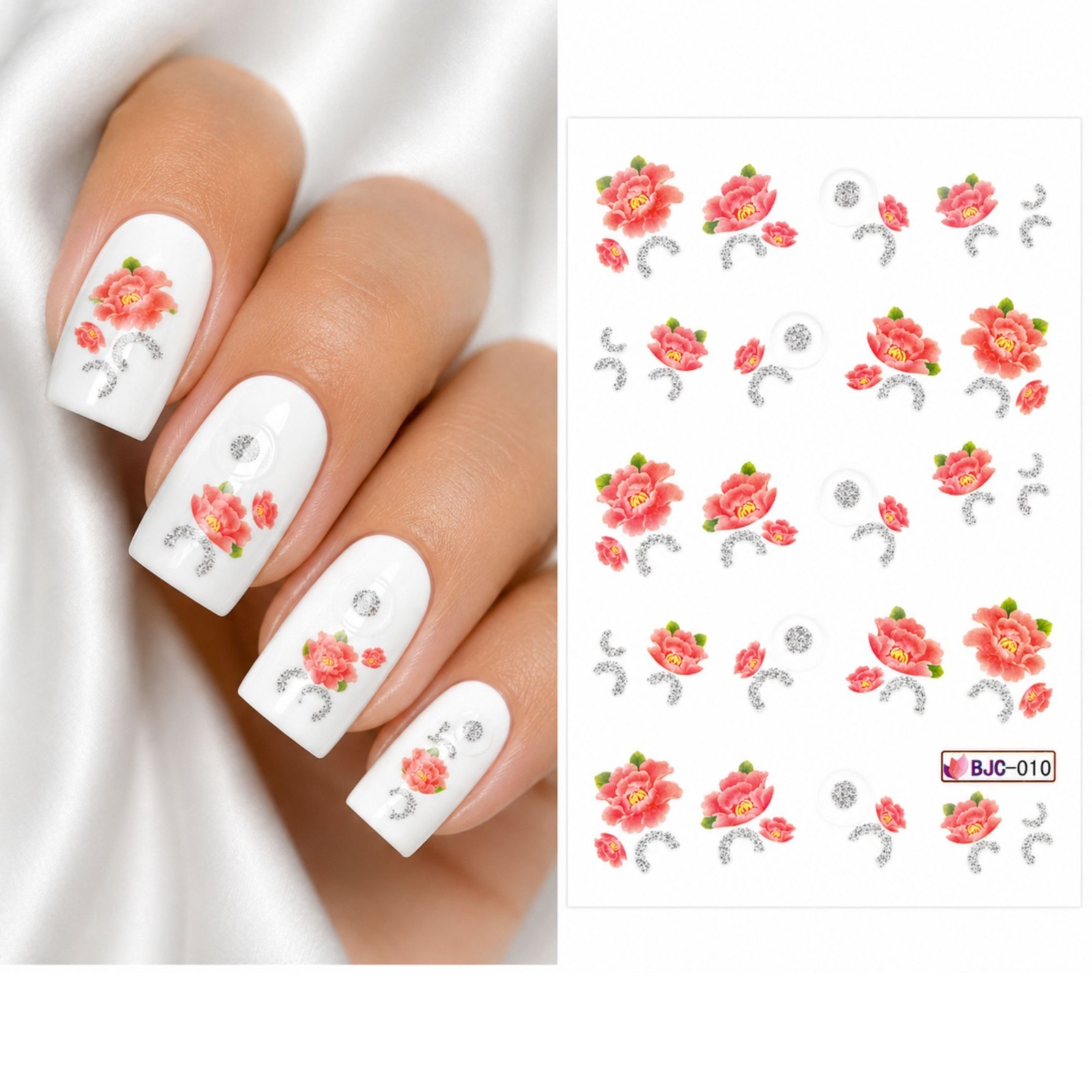 Orange Rose Flower Water Transfer Silver Nail Decal DIY Manicure Blossom Finger