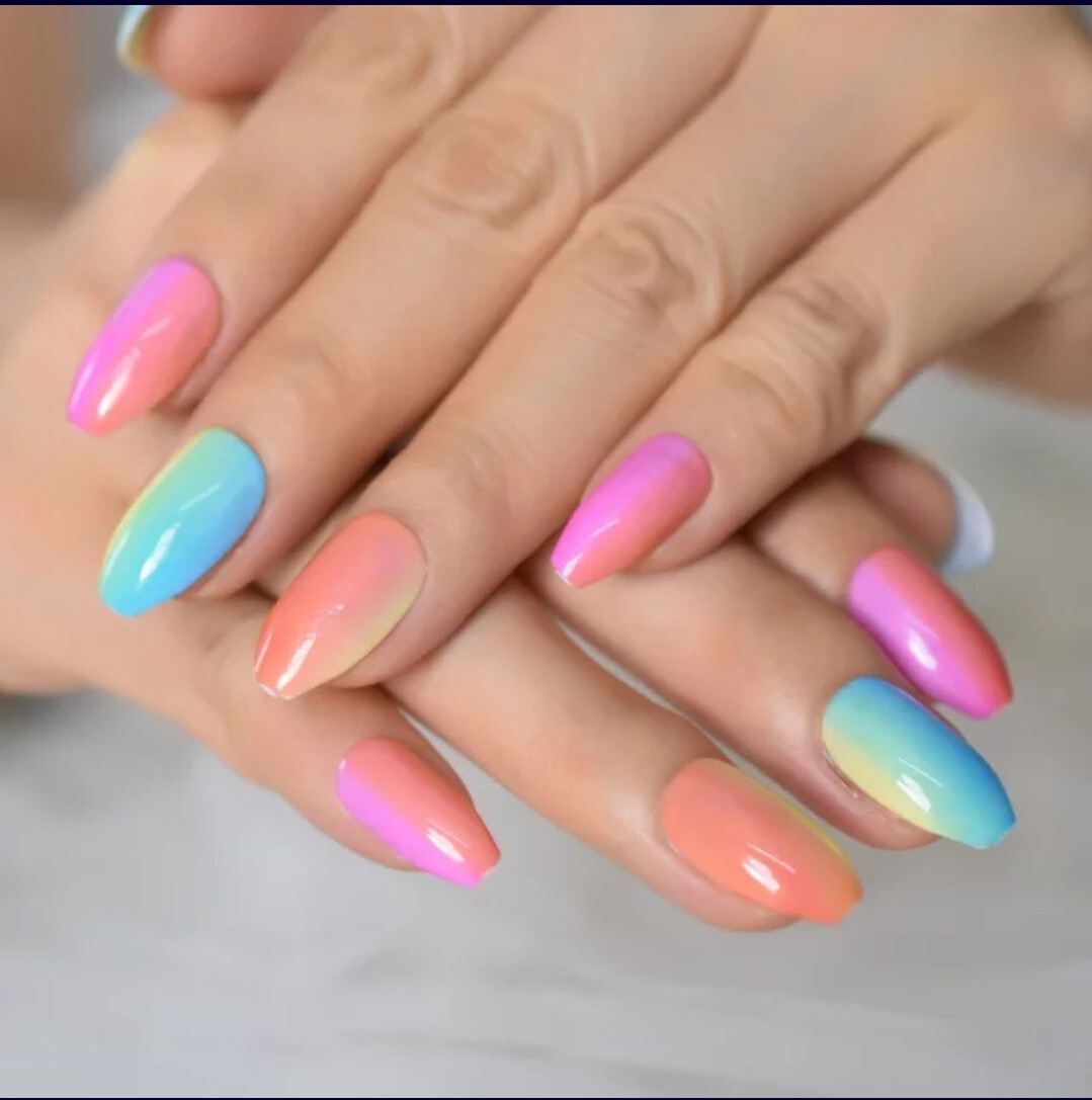24 Medium Press on Nails kit glue on rainbow ombre bright neon coffin pink orang