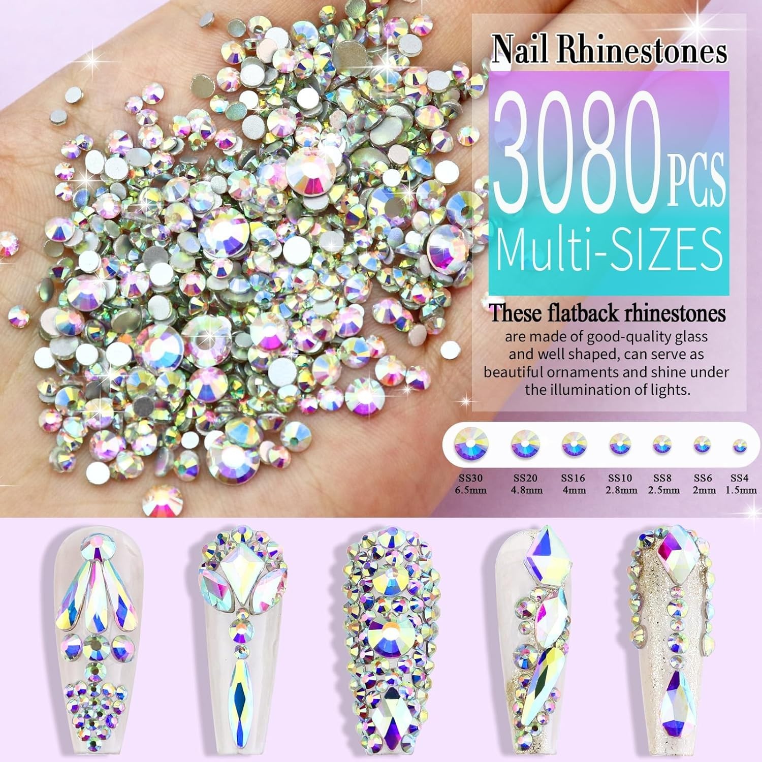 3200PCS Nail Art Rhinestones, Crystal Clear Flatback Rhinestones for Nails, Craf