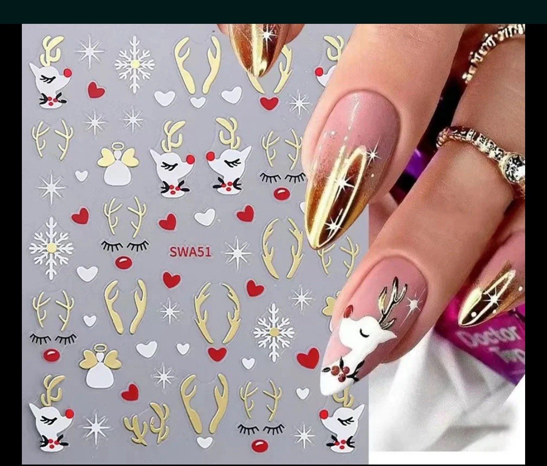 Nail Stickers Art Decal DIY Design 3D Waterproof Deer Heart Christmas SWA51 Gold