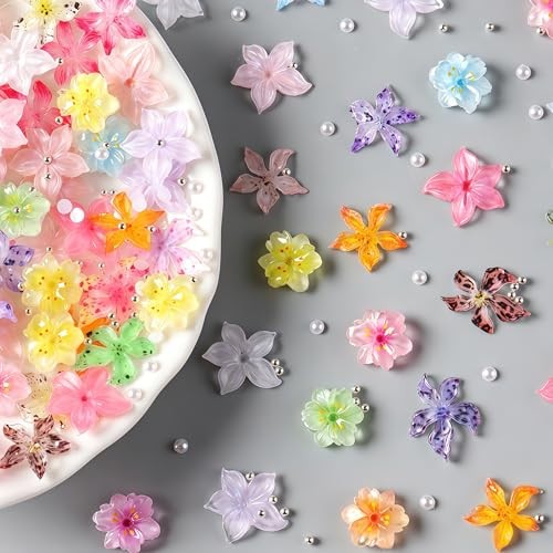 120Pcs Nails Charms 3D Colorful Flowers Nail Rhinestones Hibiscus Summer Flower