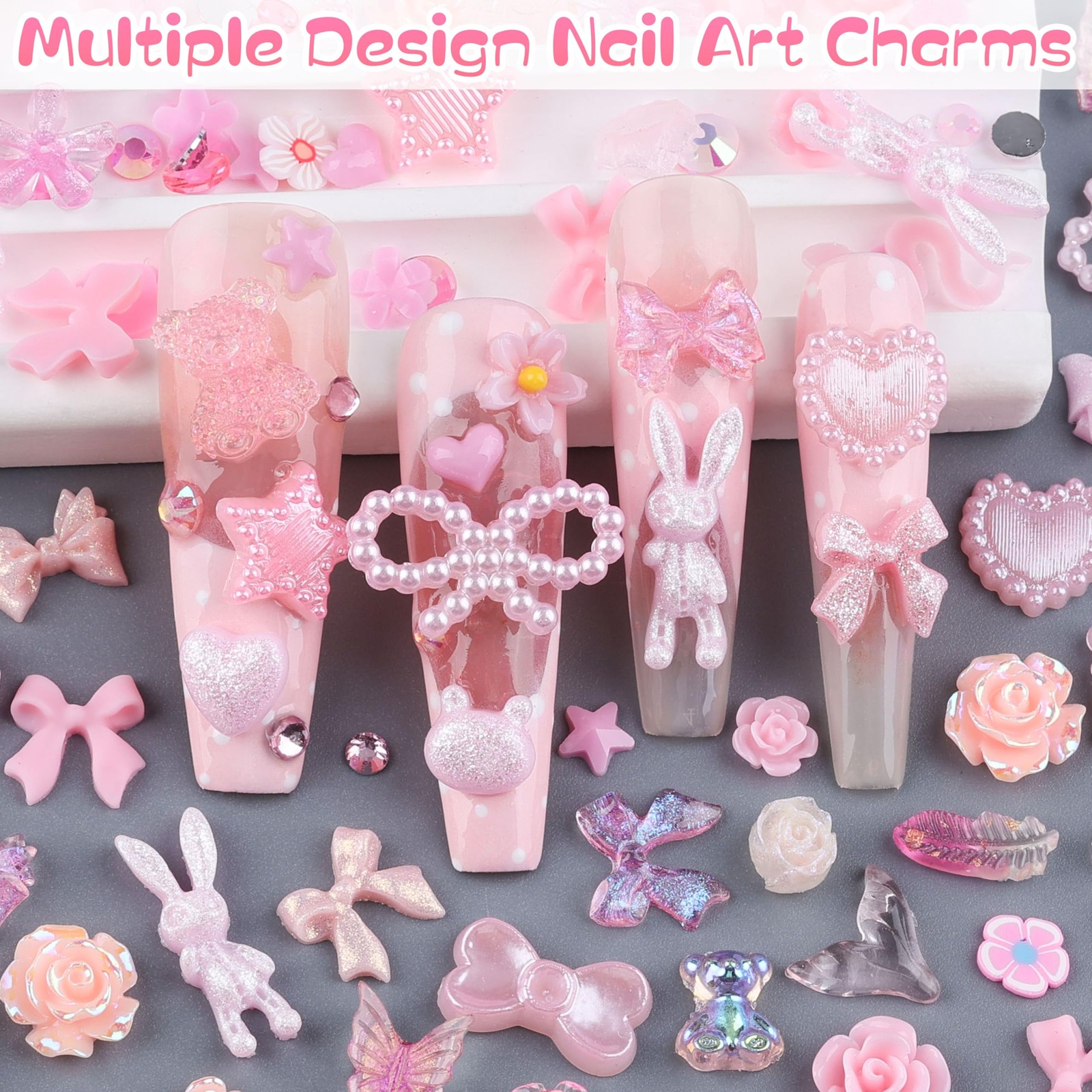 260Pcs 3D Assorted Pearls Nail Charms Acrylic Multi Shapes Heart Flower