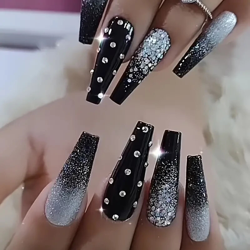 24pcs European And American Style Fake Nails, Black Gradient Press On Nails