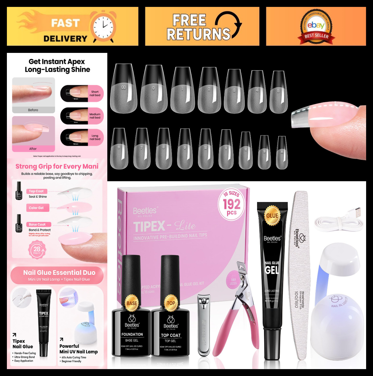 192pcs Short Coffin Nail Tips Kit with Glue, Base & Top Coat, Mini UV Lamp & Too