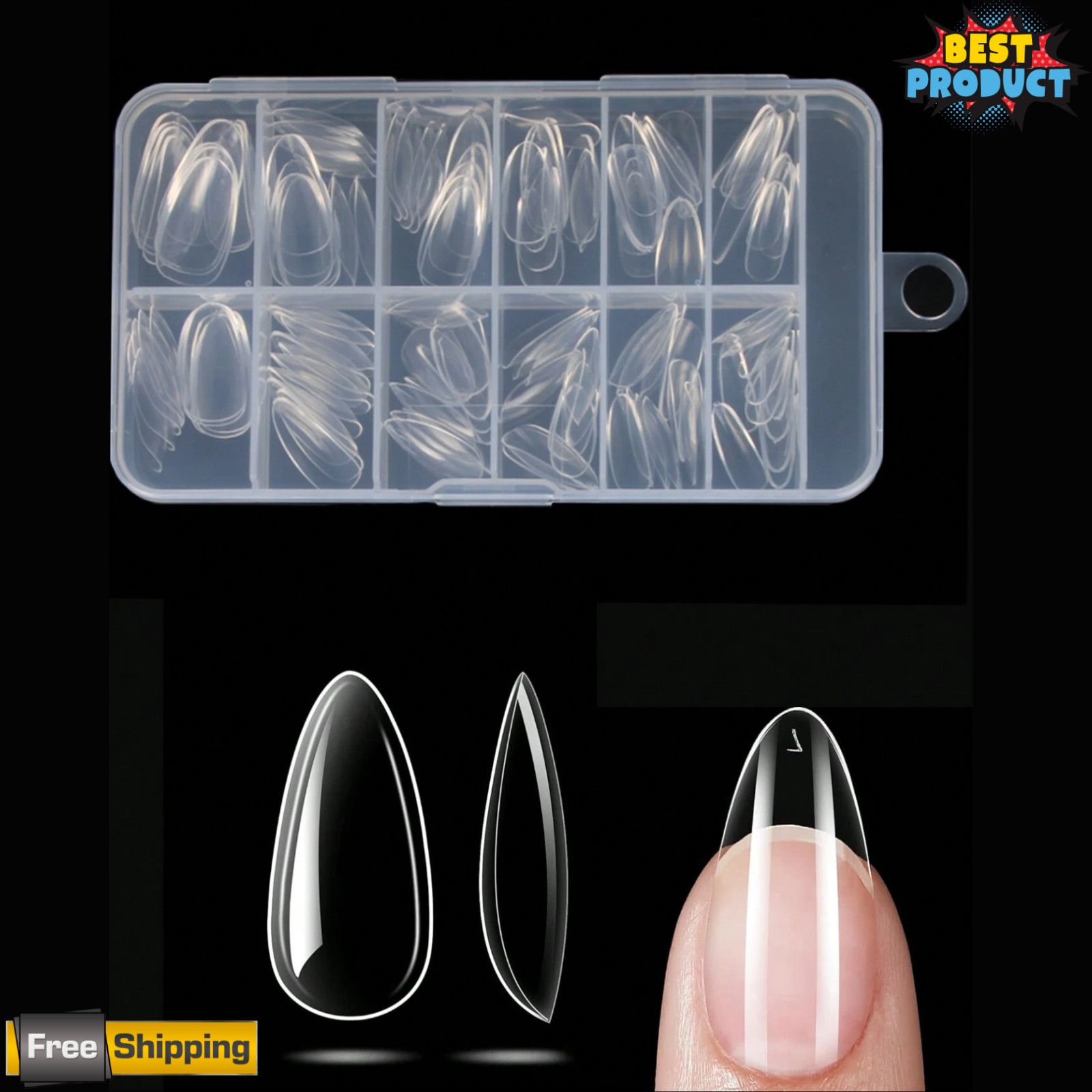 120pcs Nail Extension Transparent Almond Fully Covered 12 Size Pressed Nail Tip