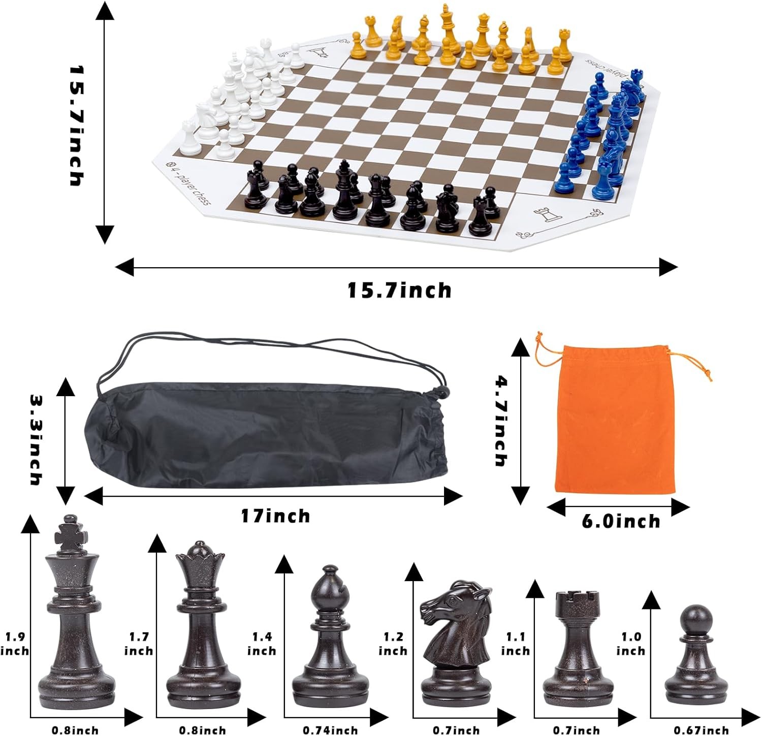 3 or 4 Player Chess Board Game Set,64 Pieces Colorful Chess,Chess Game for Team