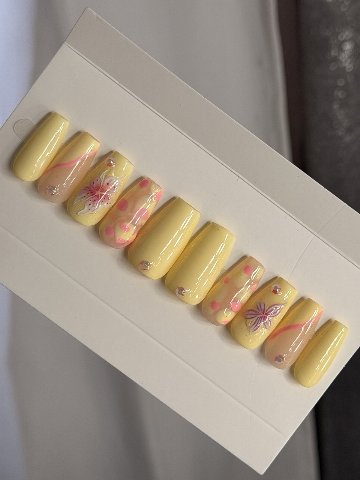 ✨ CUSTOM Press On Nails YELLOW PINK FLOWER BLING Flower 10p SET W Kit