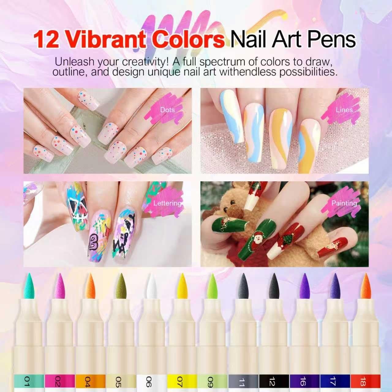 12 Colors Nail Art Pens Set, 3D Acrylic Paint Nail Polish Pens for Drawing &Dott