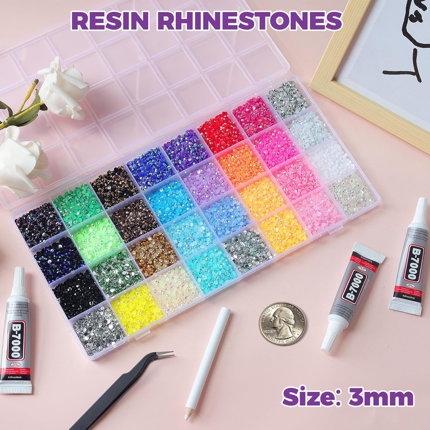 42000Pcs 32 Colors Jelly Resin Rhinestones for Bedazzling Kit, 3mm Multicolor Fl