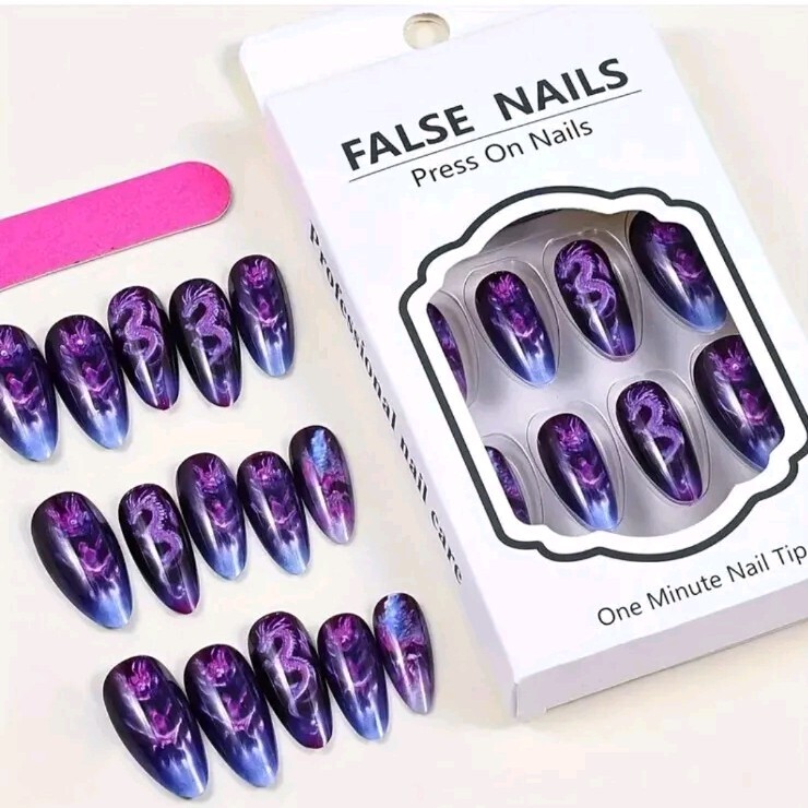 24 PCS Press-On Nails: Blue and Purple Dragon Holographic Long Nails