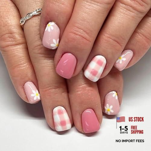 Pink Press on Nails – Short Square Fake Nails Retro Plaid – Style01