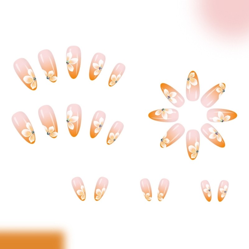 24Pieces Middle Length Glossy Press On Nail Gradient Yellow French Tip Floral