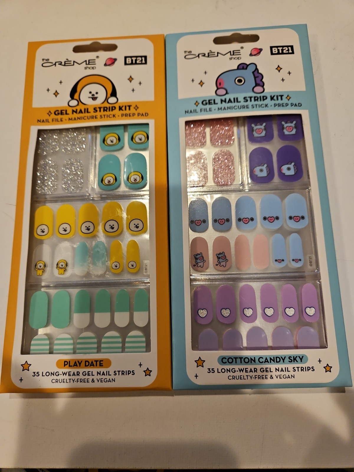 BTS BT21 The Creme Shop 35pc Long Wear Gel Nail Strip Kits Cotton Candy & Play D
