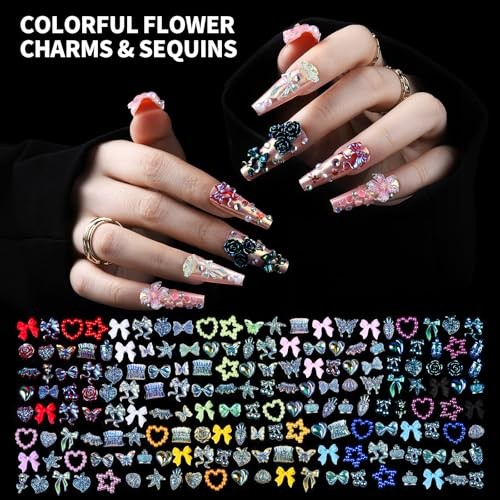 FAMDAMEI 24 Grid Nail Charms, white pink flower/colorful bow/sequin/clear pearl