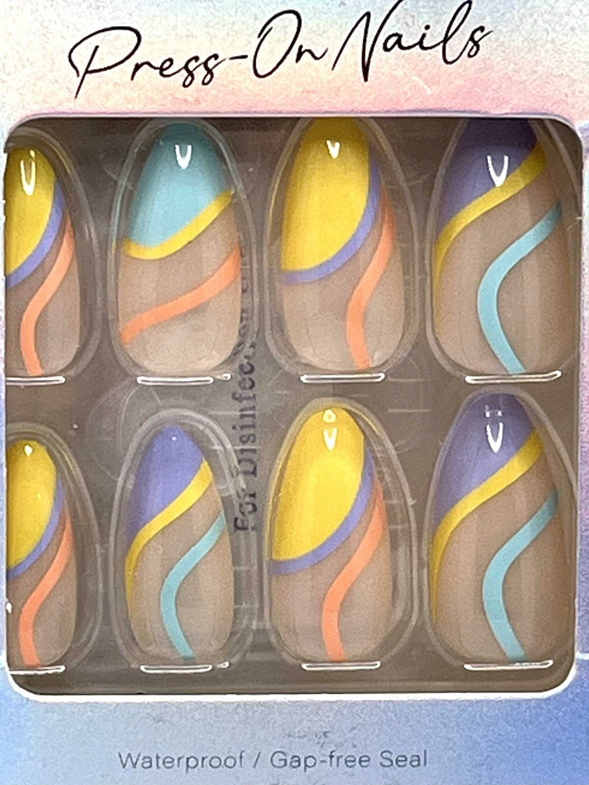 Press On Nails Medium Almond Shape Designer Nails Blue/Yellow/Purple Retro Swirl