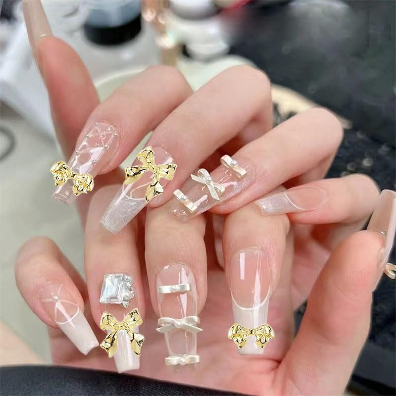 100 PCS Gold Bow Nail Charms Silver Bow Charm for Nail Bowknots Nail Art Charms