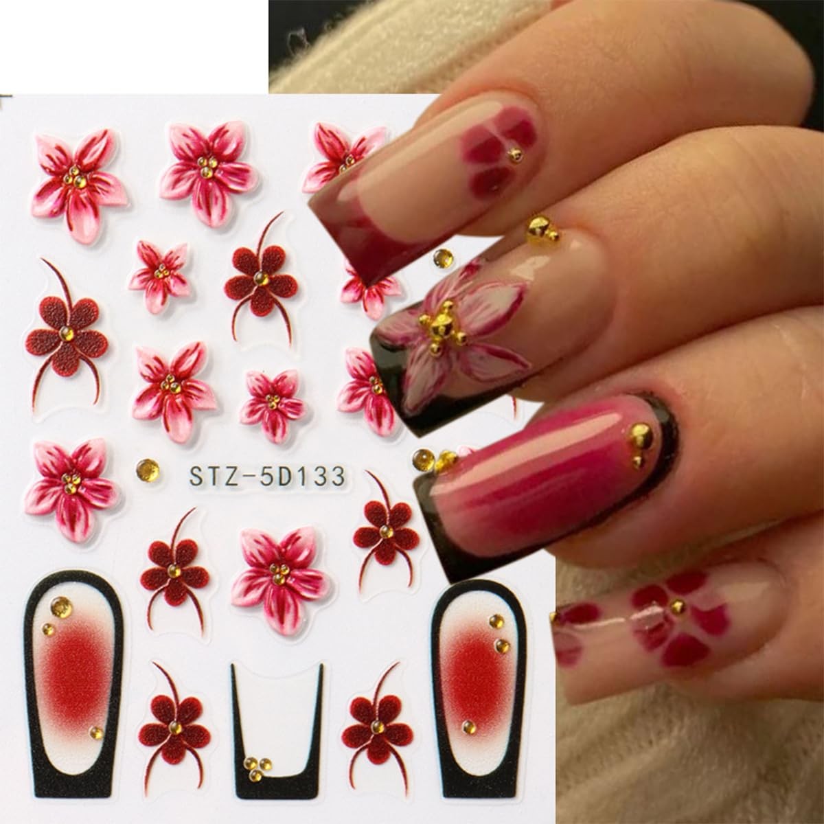 Flower Nail Stickers 3D Adhesive Nail Art Stickers 5D Embossed Nail Decals Re…