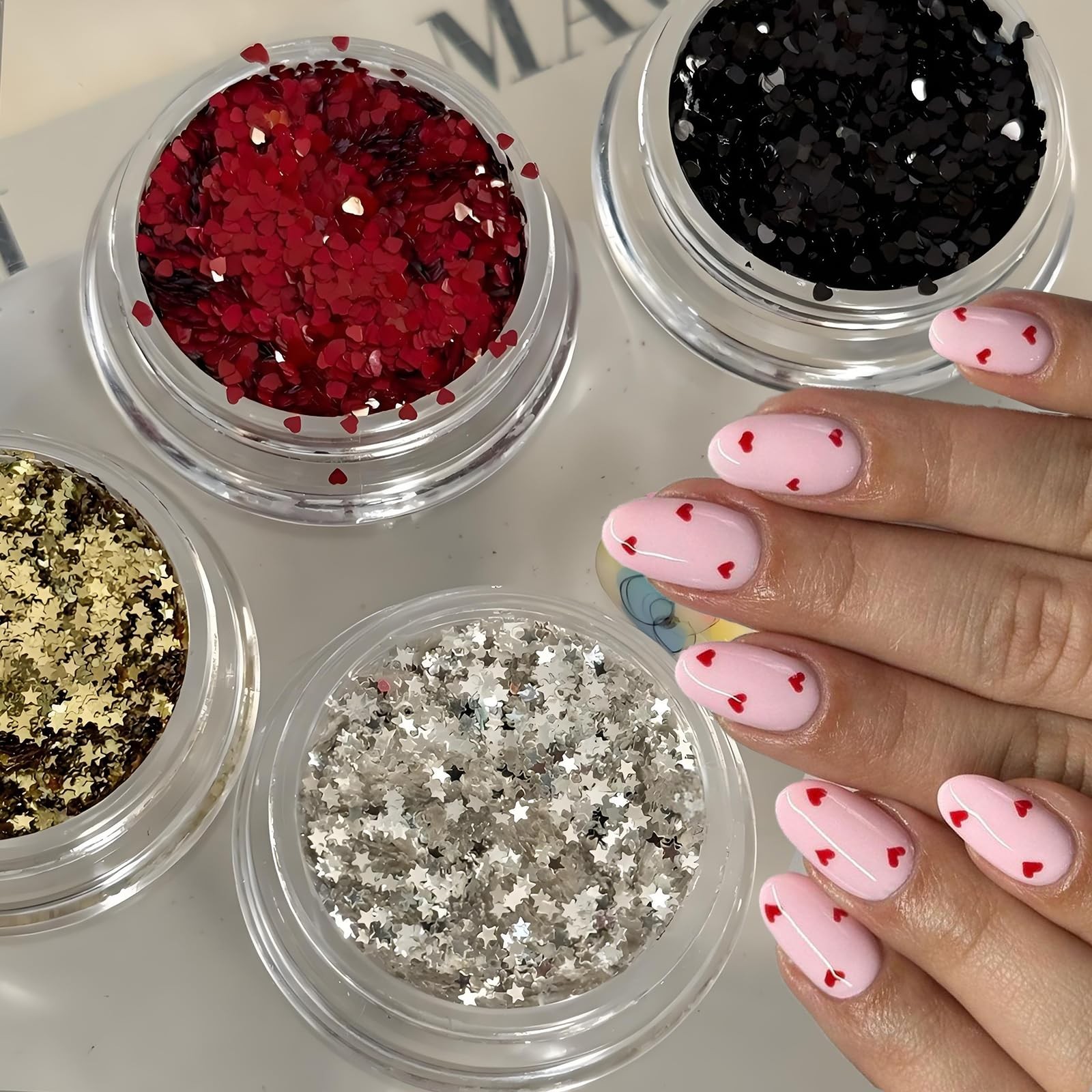 Mini Heart Nail Art Glitter Sequin 4Boxes Love Hearts Star Nail Flake Decals …