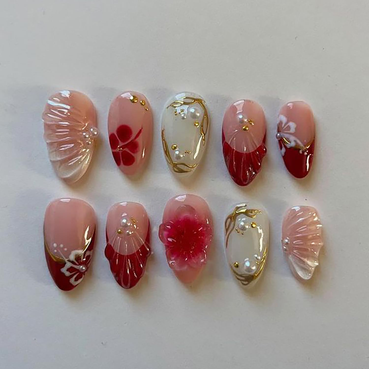 30Pcs Summer Press on Nails Medium Almond Fake Nails with 3D Floral Jellyfish St