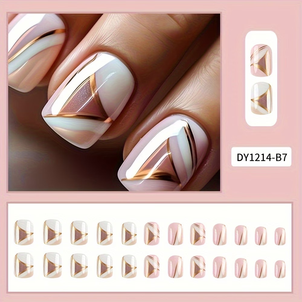 24pcs Glossy Short Squoval Fake Nails White Pink Press on Nails with Golden