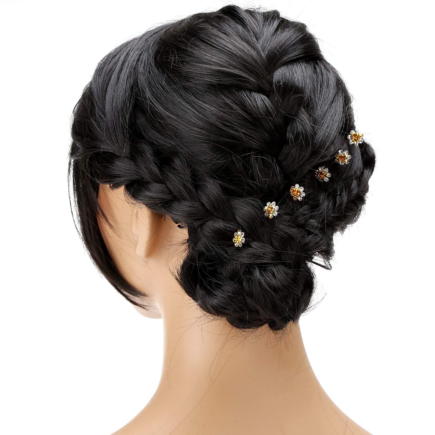 BETITETO 40 Pcs U-Shaped Flower Rhinestone Hair Pins Crystal Yellow