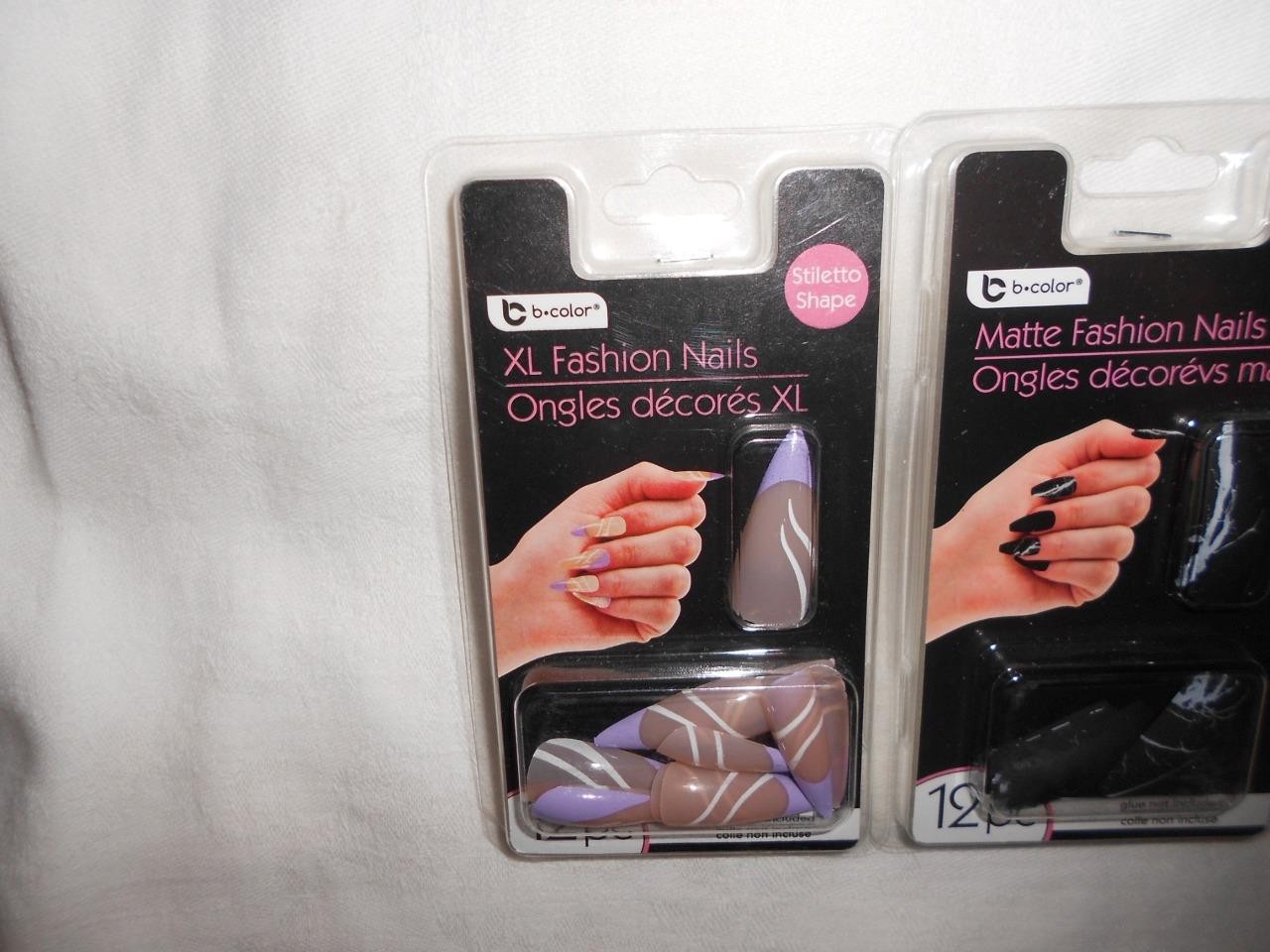 Lot 3 12pk B-Color XL Green Plaid, Purple Tip & Black Marble Fashion Nails NEW
