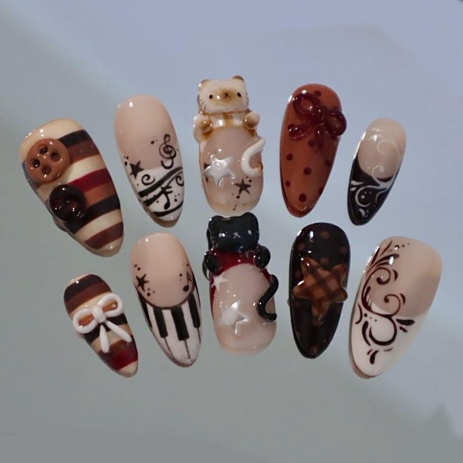 Handmade Retro Striped Button 3D Cat Bow Music Piano Star Almond Press on Nails