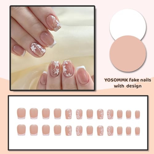 French Tip Fake Nails Square Short Press on Nails with Designs 0F-White Flower
